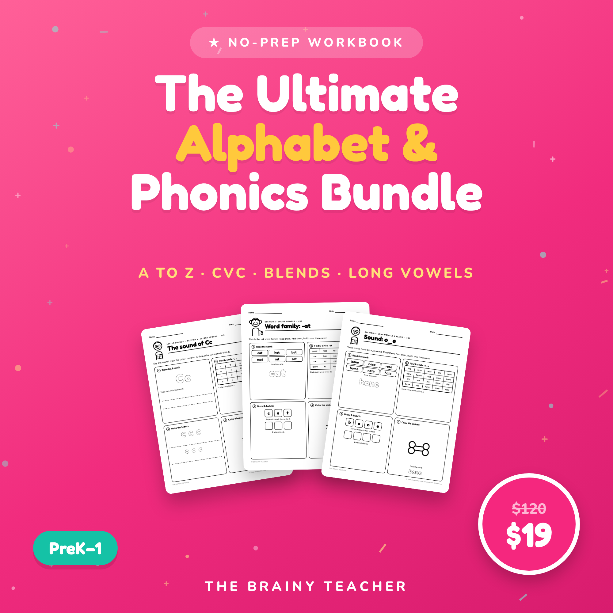 The Ultimate Alphabet & Phonics Bundle cover — 68 no-prep pages